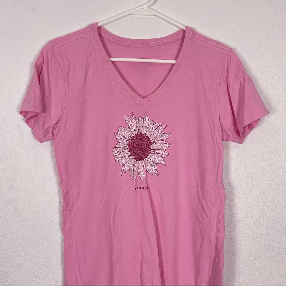 Life Is Good Light Pink Floral Front V Neck Short Sleeve Size Small - Picture 3 of 7